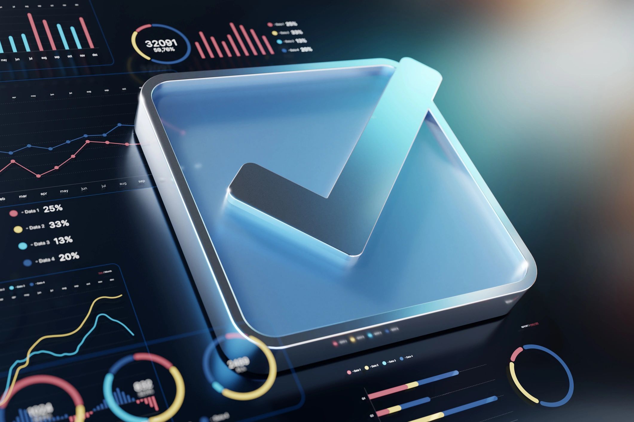 Analytics dashboard with charts and checkmark symbol representing data-driven procurement insights